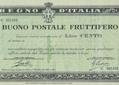 Buono postale fruttifero del Regno d’Italia da cento lire, con bordi decorativi e testo stampato.
