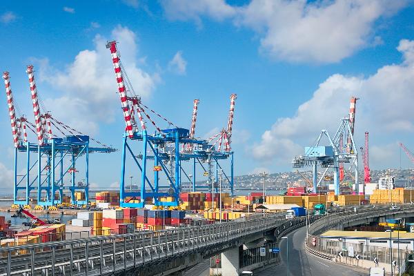 Gru portuali che movimentano container in un porto commerciale con la città sullo sfondo.