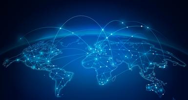 Illustrazione digitale di una rete globale con punti e linee luminose tra continenti.