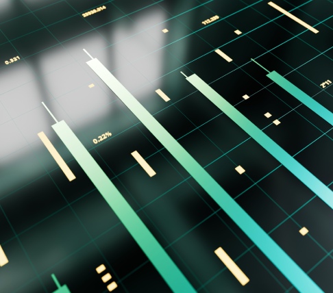 Grafico astratto di analisi finanziaria con barre verticali e indicatori di performance