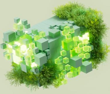 Modello 3D di cubi verdi che formano una sfera con vegetazione.
