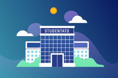 Illustrazione di un edificio scolastico con insegna “STUDENTATO” su sfondo blu.