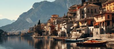 Borgo sul lago con case storiche e montagne sullo sfondo.