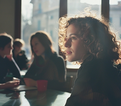 Donna con capelli ricci in primo piano in un caffè, sullo sfondo persone al tavolo.