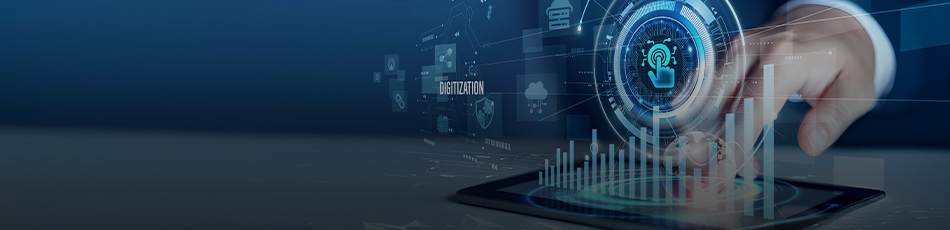 Un gesto della mano sopra un pannello digitale olografico con dati e un’interfaccia circolare.