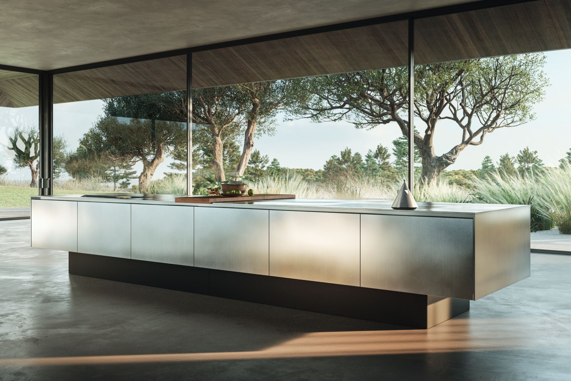 Arredamento di design moderna con grandi vetrate e vista sul verde