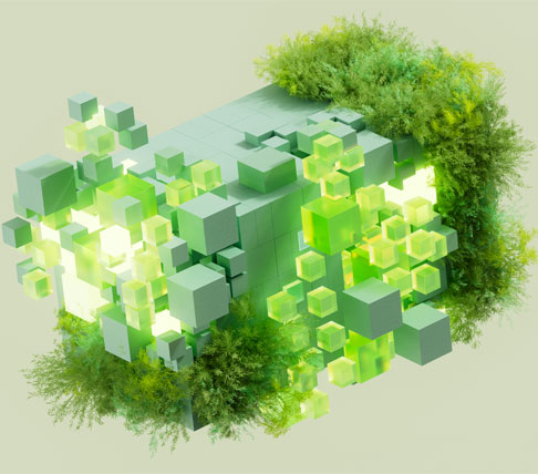 Modello 3D di cubi verdi che formano una sfera con vegetazione.