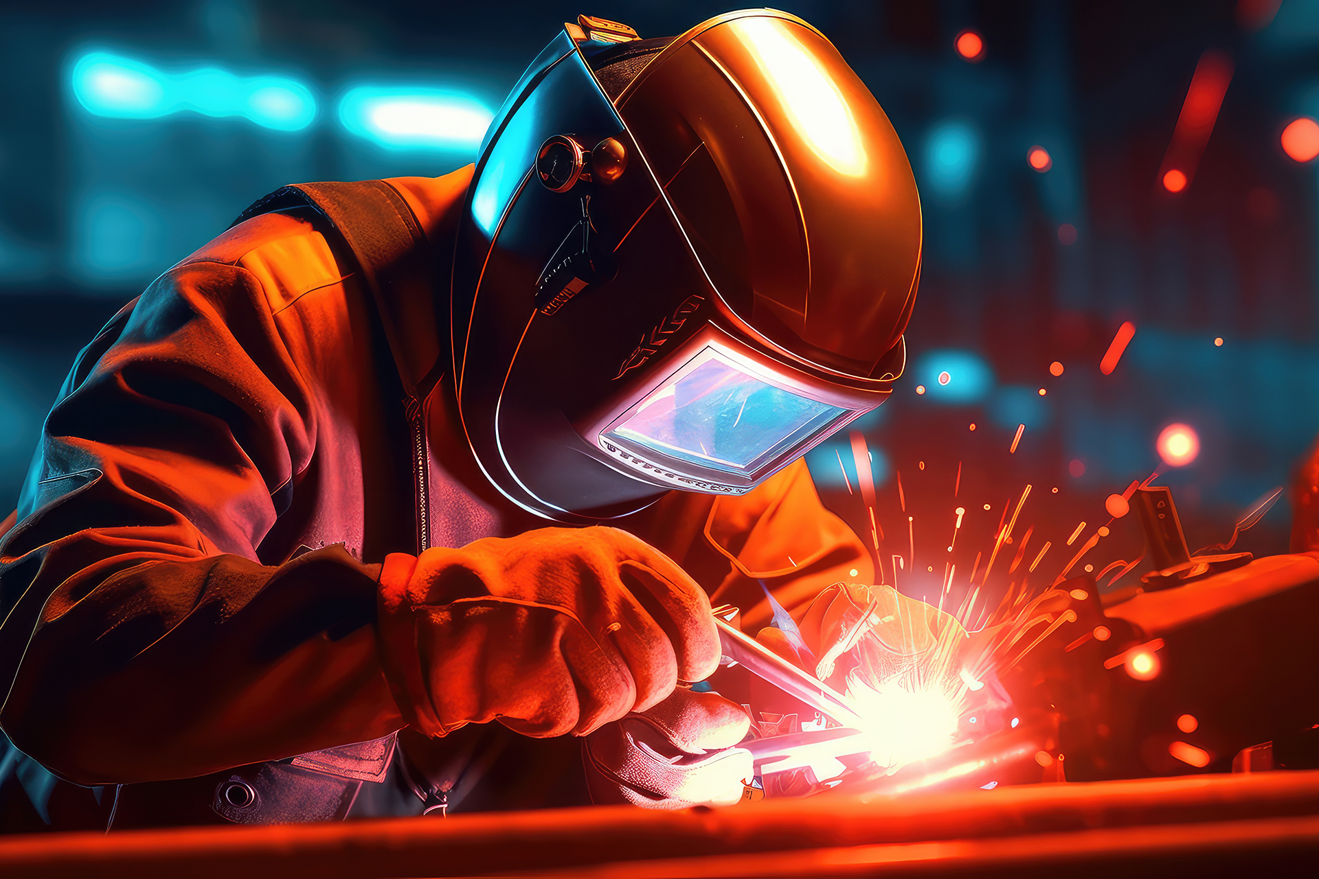Saldatore a lavoro con la maschera di protezione