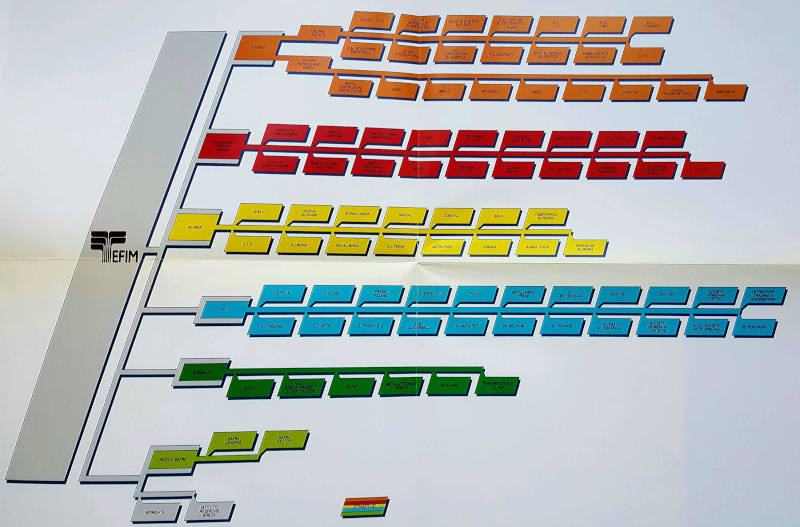 Diagramma di flusso gerarchico con codifica a colori, composto da riquadri etichettati di colore arancione, rosso, giallo, blu, verde e grigio che si diramano da una colonna verticale posta sul lato sinistro.