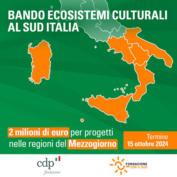 Cartina dell'Italia con le regioni del Sud evidenziate e banner Bando Ecosistemi Culturali